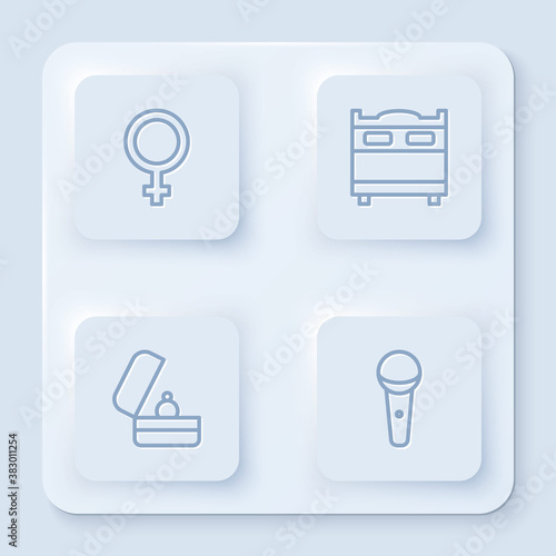 Set line Female gender symbol, Bedroom, Wedding rings and Microphone. White square button. Vector.