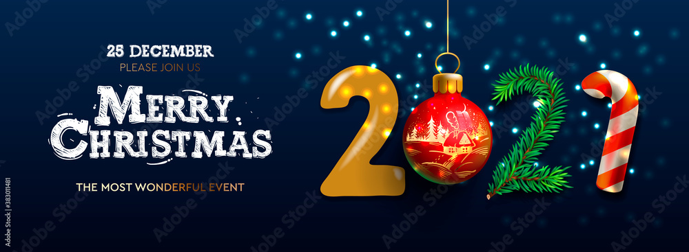 Merry Christmas and Happy New Year 2021 banner, Xmas festive decoration. Horizontal Christmas posters, cards, headers, website. Vector illustration - obrazy, fototapety, plakaty 