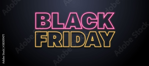 Black Friday Super Sale. Dark background with neon text black friday. Horizontal banner, poster, website header. vector illustration