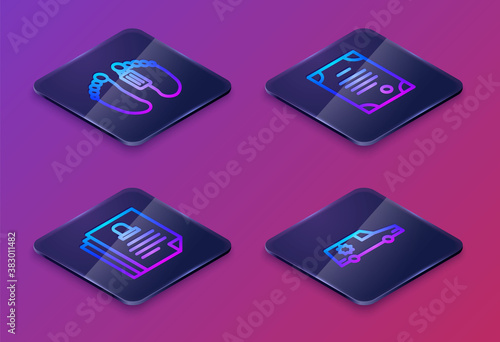 Set Isometric line Dead body, Death certificate, and Hearse car. Blue square button. Vector.