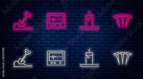 Set line Beat dead in monitor, Burning candle, Shovel the ground and Metallic nails. Glowing neon icon on brick wall. Vector.