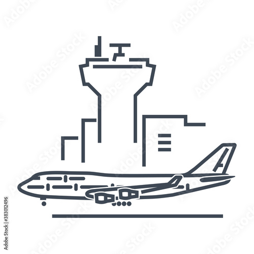 Thin line icon airport control tower, aircraft