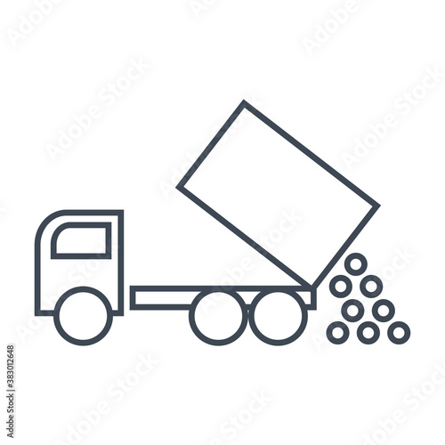 Thin line icon unloading from a dump truck, tipper