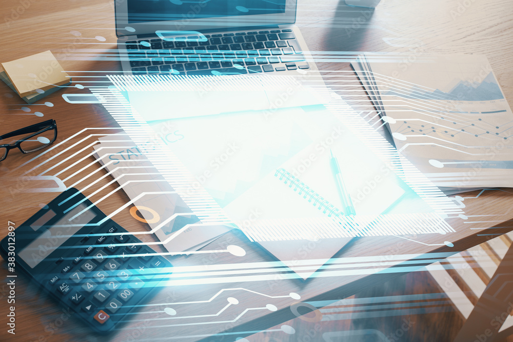 Multi exposure of desktop with computer on background and tech theme drawing. Concept of big data. Multi exposure of desktop with computer on background and tech theme drawing. Concept of big data.