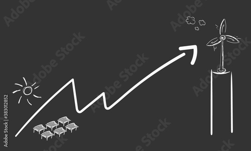 Solar Windrad erneuerbare Energie Kreide Tafel Skizze Zeichnung Pfeil Anstieg 