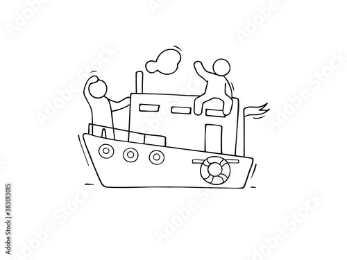 Sketch of little men sail by boat.
