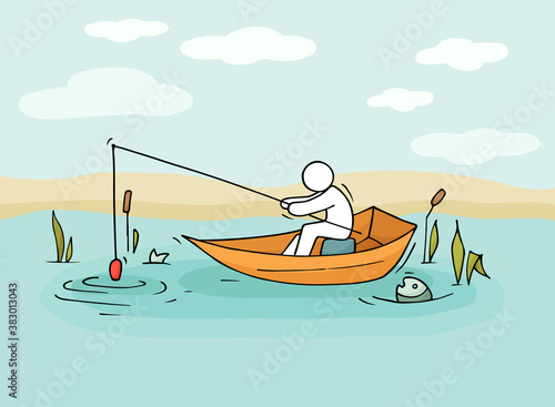 Sketch of fishman men sit in a boat.