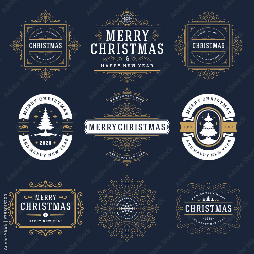 Merry Christmas labels and badges vector design elements set