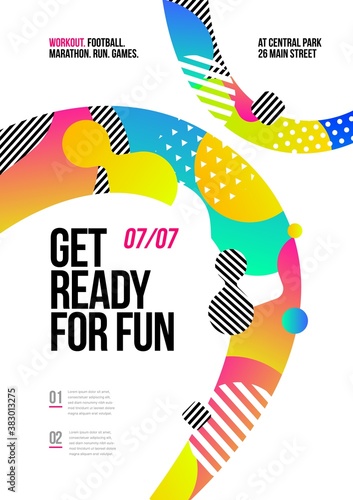 Poster design with abstract colored shapes on white background for fun event, party or competition.