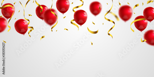 Red balloons gold confetti glitters for event and holiday poster. background Celebration Vector illustration.
