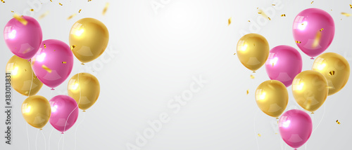 balloons gold pink celebration frame background. gold confetti glitters for event and holiday poster.