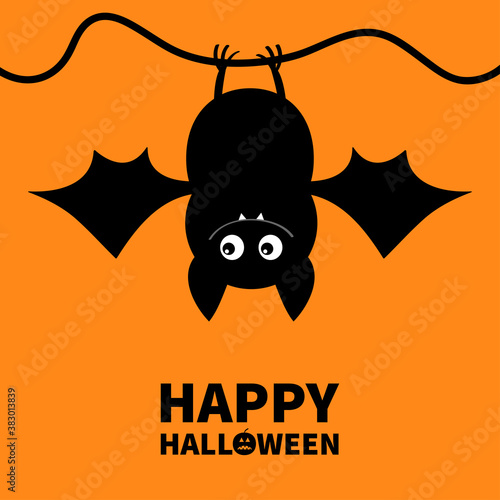 Cut bat. Happy Halloween. Hanging animal. Cartoon kawaii funny baby charater. Greeting card. Flat design. Orange background. Isolated.