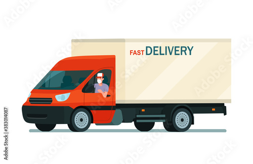 Cargo van with a face masked driver isolated. Vector flat style illustration.