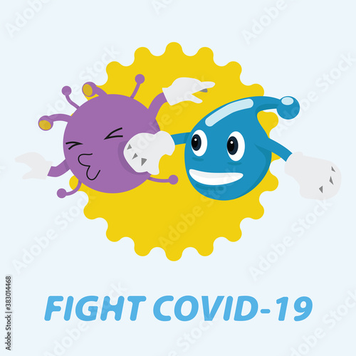 Cartoon concept of Alcohol stings into the face of Covid-19. The fight to save the world.