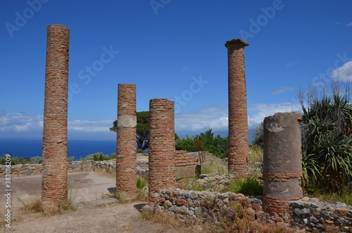 Ruins of Tindari with view to mediterranean sea, Sicily, Italy, blue sky background