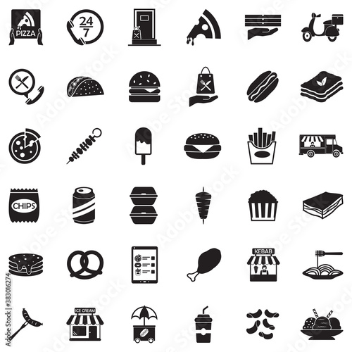 Fast Food Icons. Black Flat Design. Vector Illustration.