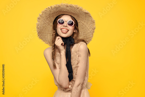 romantic lady in straw hat sunglasses model dress emotions