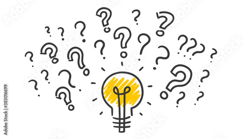 Idea, light bulb, question, question marks