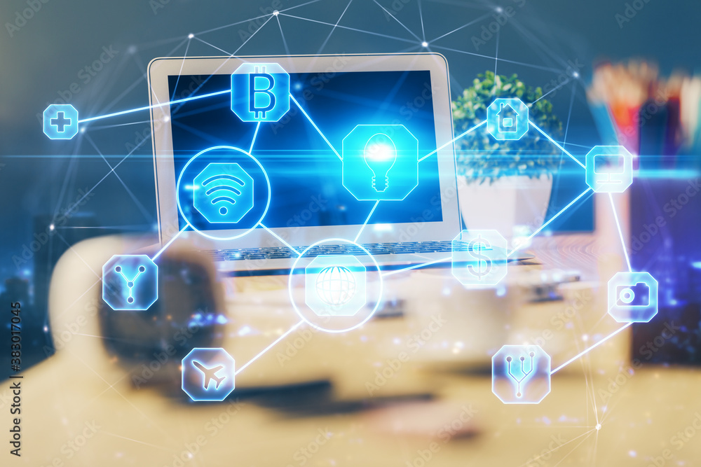 Computer on desktop with social network hologram. Multi exposure. Concept of international people connections. Computer on desktop with social network hologram. Multi exposure. Concept of international people connections.