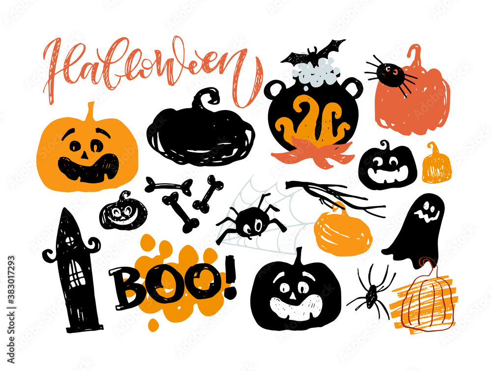 Obraz premium Halloween party - cute hand drawn doodle lettering art. Halloween postcard - art, t-shirt design, banner, web. Halloween pattern background art.