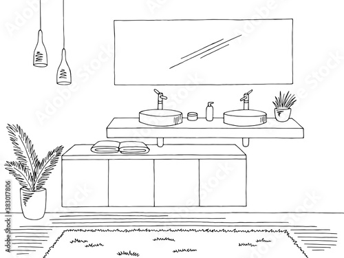 Bathroom graphic home interior black white sketch illustration vector