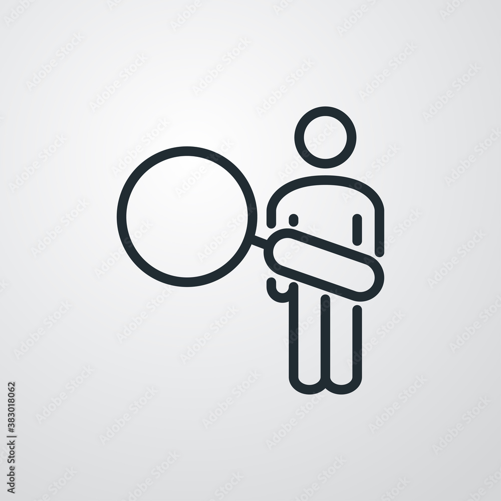 Concepto búsqueda de empleo. Icono plano lineal hombre con lupa en fondo gris Concepto búsqueda de empleo. Icono plano lineal hombre con lupa en fondo gris