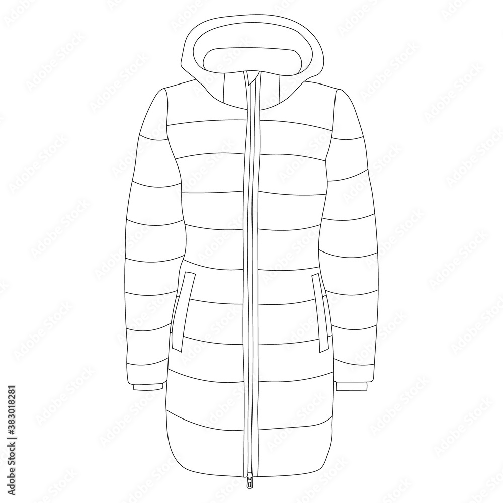 vector, isolated, sketch, contour, womens winter down jacket