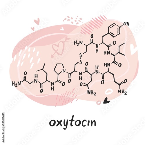 Oxytocin formula. Neuropeptide and peptide hormone hand drawn by line on the background of abstract objects and shapes. Symbol for biology, chemistry, naturopathy, medicine. Flat vector illustration.