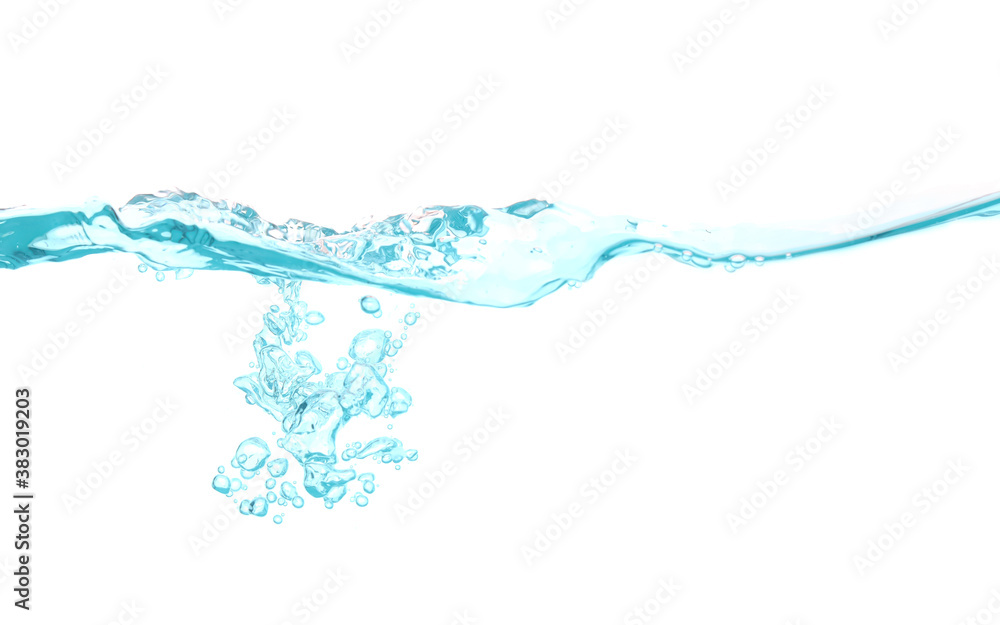 Water wave splash clean blue and bubbles isolated on white water background with copy space Water wave splash clean blue and bubbles isolated on white water background with copy space