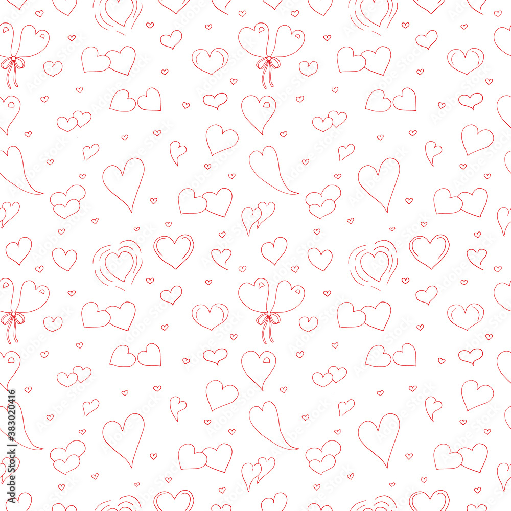 Seamless pattern hearts in doodle style, vector illustration, hand drawing, red color Seamless pattern hearts in doodle style, vector illustration, hand drawing, red color