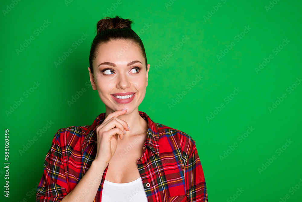 Portrait of interested minded girl touch fingers chin look copyspace think thoughts plan summer autumn holidays wear red trendy outfit isolated over shine color background Portrait of interested minded girl touch fingers chin look copyspace think thoughts plan summer autumn holidays wear red trendy outfit isolated over shine color background