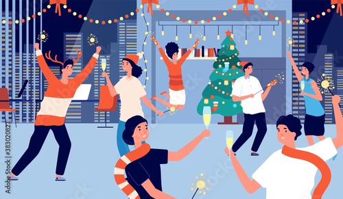Office christmas party. Business people celebration xmas or new year. Girls boys staff with champagne, corporate holiday vector illustration. Christmas happy team with champagne in office