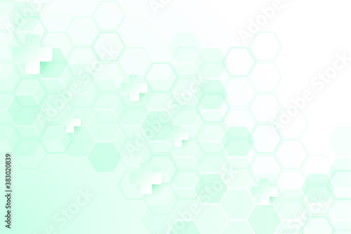 Green color of abstract healthy and medical background. Technology and science wallpaper template with hexagonal shape. Soft blue color medical banner. Modern template with space for text.