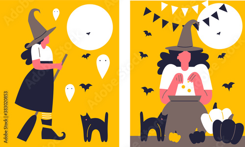 Happy Halloween Full Moon Banner, witch, haunted house, pumpkins and bats. The witch's cauldron. Black cat cartoon character. Flat vector style. Party banner set. Yellow background.
