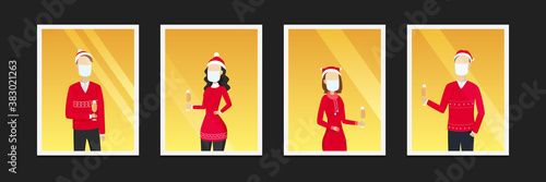 Men and women in face masks drinking champagne alone and looking through windows. Christmas during quarantine. Vector illustration.