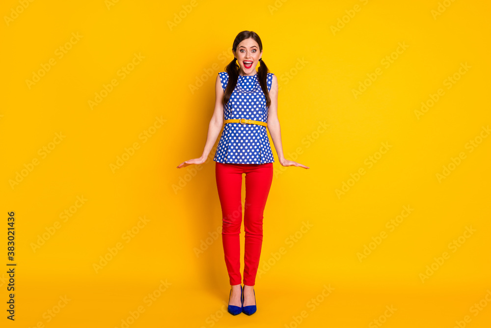 Full length body size view of her she nice-looking attractive lovely feminine pretty glamorous shy cheerful brown-haired girl posing isolated over bright vivid shine vibrant yellow color background Full length body size view of her she nice-looking attractive lovely feminine pretty glamorous shy cheerful brown-haired girl posing isolated over bright vivid shine vibrant yellow color background