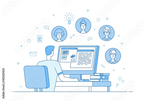 Online teamwork. Video conference, corporate internet communication. Man colleagues computer call. Family or friend chat, people distance communicate vector illustration. Communication online teamwork