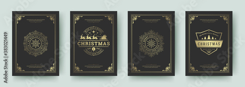 Christmas greeting cards set vintage design, ornate decoration symbols and winter holidays wishes vector illustration