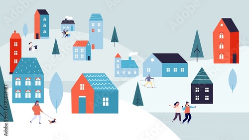 Winter urban landscape. Christmas vacations, holiday season in city. Tiny people skating on lake walking dog. Cute suburb houses on snowy hills vector illustration. Village christmas season