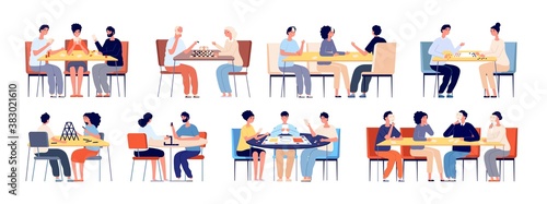 People play board game. Family playing cards, friends at table gaming. Happy young and elderly players, chess chips poker gamers vector set. Board game strategy, people pastime illustration