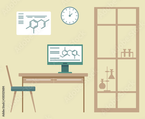 Laboratory interior design with furniture and modern equipment for work. Working place with computer and screen showing molecular formula. Researches and experiments conductions, vector in flat