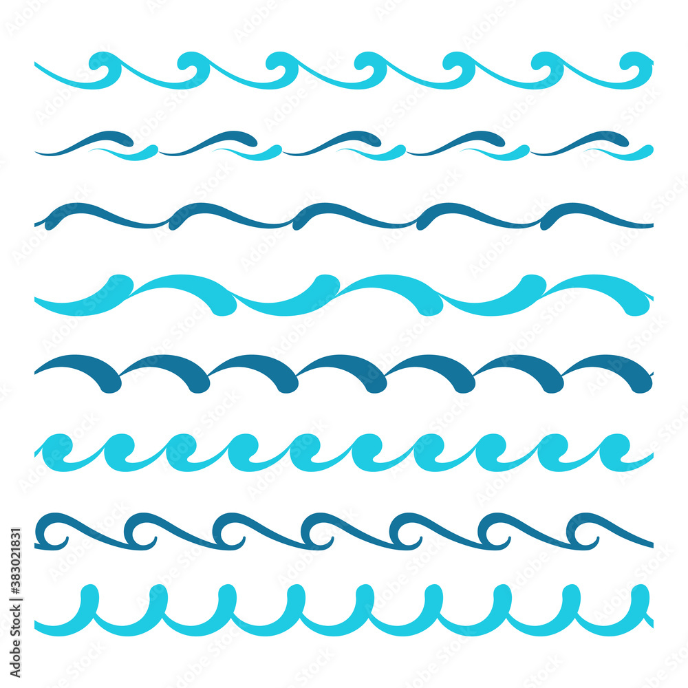 Blue wave ornaments, set of simple wavy borders, curly divider lines on white background Blue wave ornaments, set of simple wavy borders, curly divider lines on white background