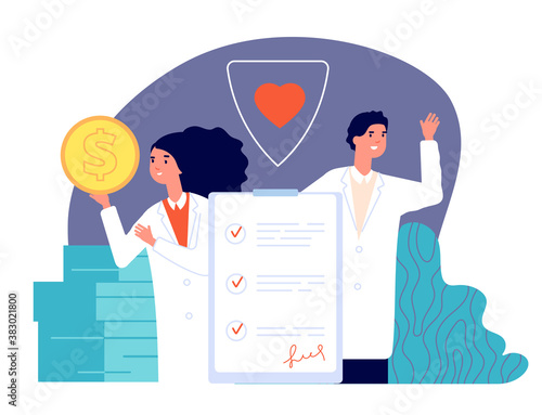 Healthcare insurance. Health policy, medical security service for money. Hospital doctors, life protect business plan vector illustration. Insurance medical, document protection and security health