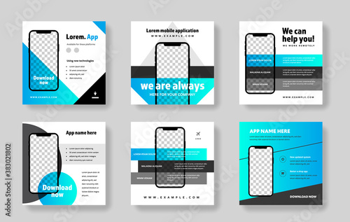 Pack of social media post templates with smartphone mockups. Instagram and facebook layouts vector illustrations