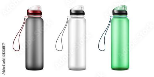Transparent plastic water bottle with carry strap isolated on white background, vector mock-up. Sport fitness flask, template. Color set. Easy to recolor