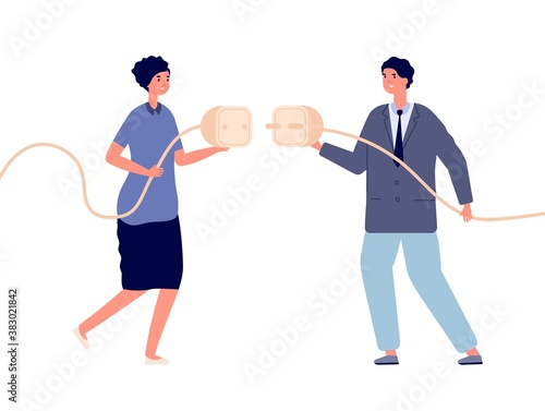 Business power connection. Electricity powering, woman cooperation with man. Cable plug connect, intersexual partnership vector illustration. Business power wire, cord connected