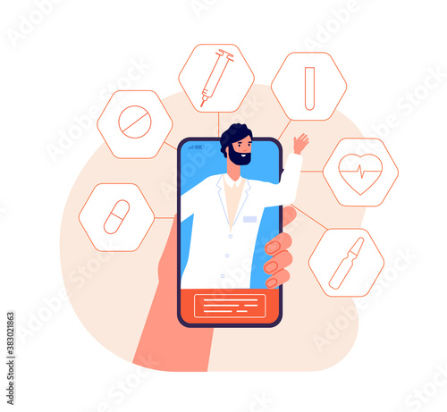 Online medicine. Phone health consultation, medical emergency or telemedicine. Virtual mobile doctor chat or support service vector concept. Online medicine use phone, care and consultation