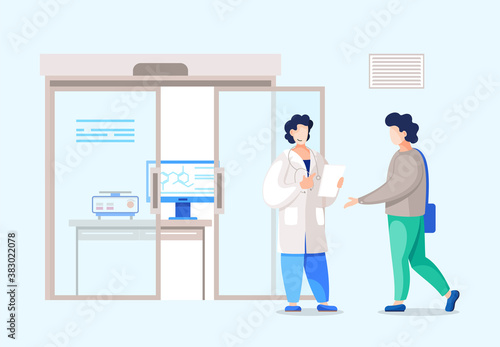 Nurse, doctor or administrator stand with patient at reception in hospital. Doctor consult person about diseases on his appointment Physician prescribe medication. Vector illustration of clinic