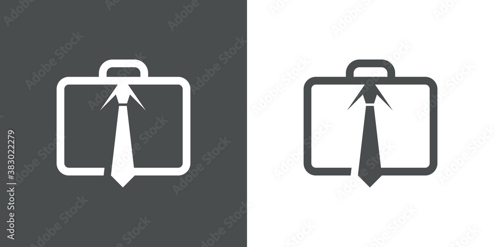 Viaje de negocios. Trabajo de oficina. Logotipo con maletín lineal y corbata en fondo gris y fondo blanco Viaje de negocios. Trabajo de oficina. Logotipo con maletín lineal y corbata en fondo gris y fondo blanco