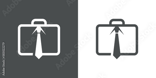 Viaje de negocios. Trabajo de oficina. Logotipo con maletín lineal y corbata en fondo gris y fondo blanco
